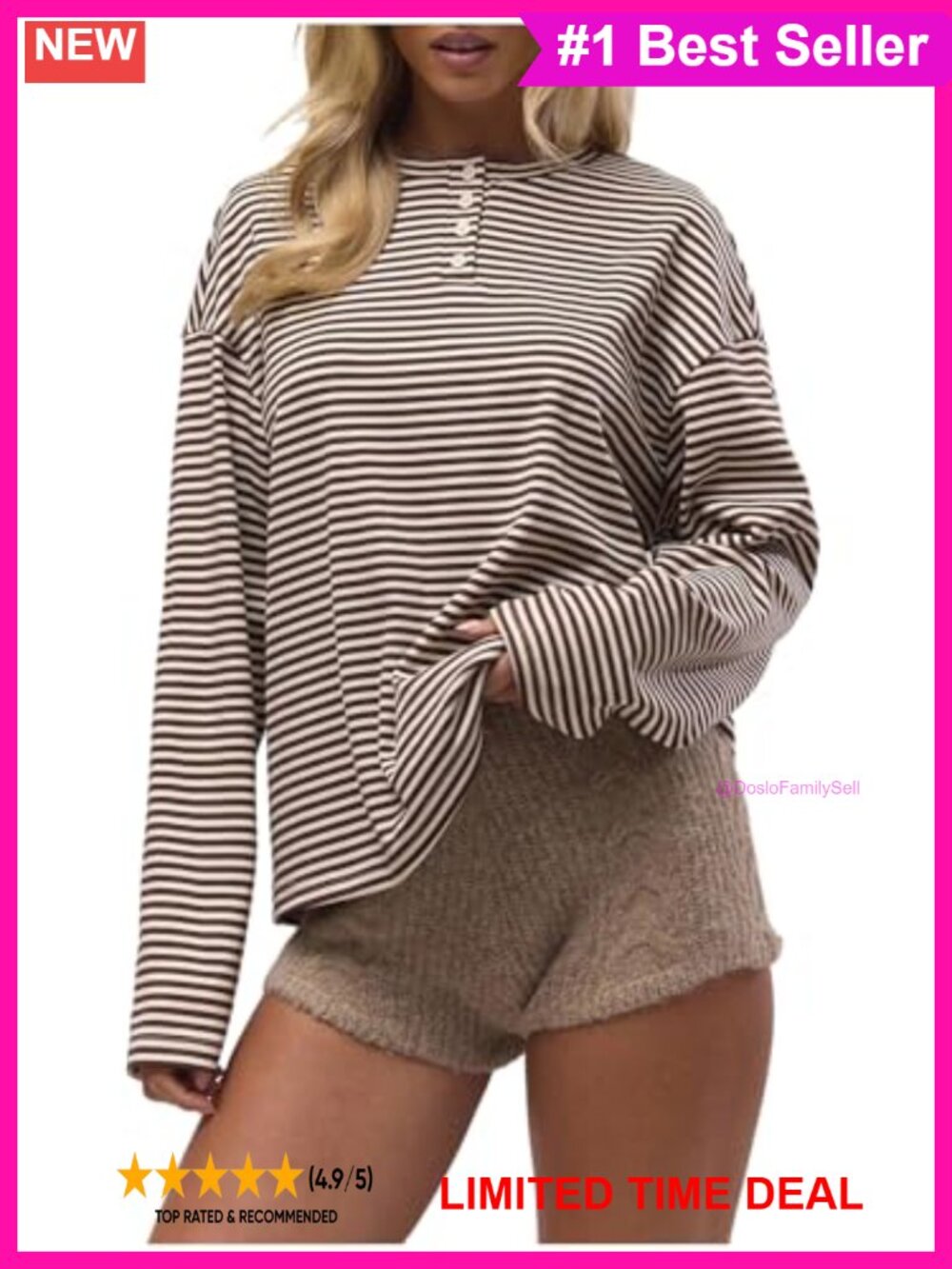 Women's Striped Long Sleeve Henley Button Front T Shirt Loose Fit Casual Top